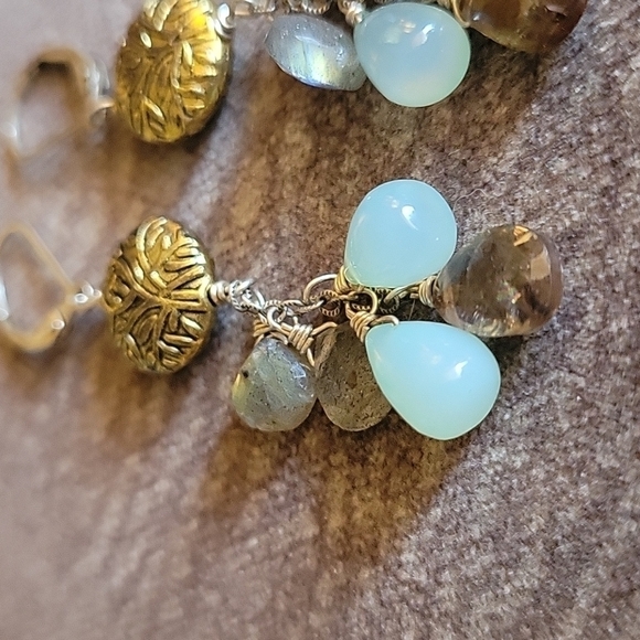 Vtg Brass Moonstone Labrodite Dangle Drop Leverback Hook Earrings - Picture 4 of 6